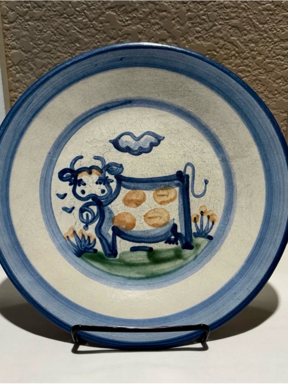 Vintage MA Hadley Stoneware Pottery 9”D Plate Cow Farm Series Ceramic Hand Paint